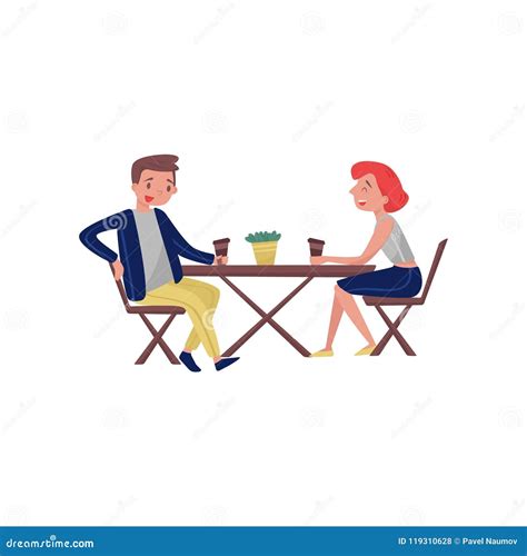 People Sitting Behind Wooden Table And Laughing Cartoon Young Couple