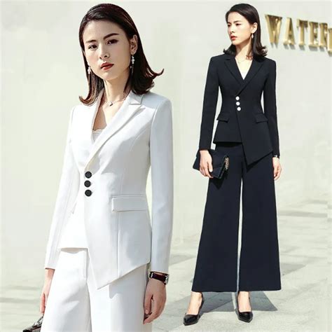 fashion designer white pants suit single breasted notched women business suits formal office