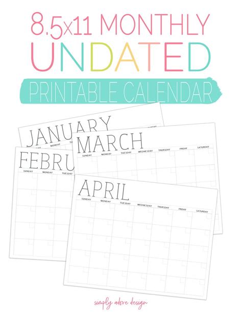 Printable Monthly Calendar Undated Calendar Blank Calendar Etsy