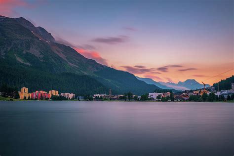 Sunset Above St Moritz With Lake And Swiss Alps In Switzerland