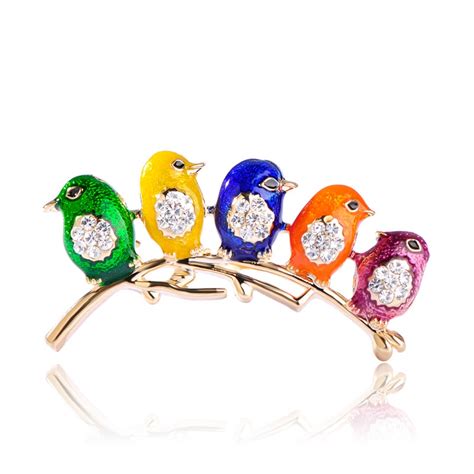 Blucome Vivid Colorful Enamel 5 Birds Brooches For Women Kids Gold