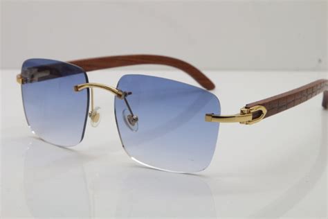 Cartier Rimless Original Carved Wood T8300816 Sunglasses In Gold Blue