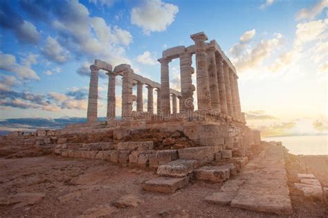 Greek Temple Ruins On Sunset Tourist Landmark Of Attica Sounion