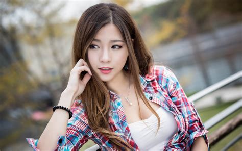 Wallpaper Model Brunette Long Hair Women Outdoors Asian Shirt Checkered Face Brown