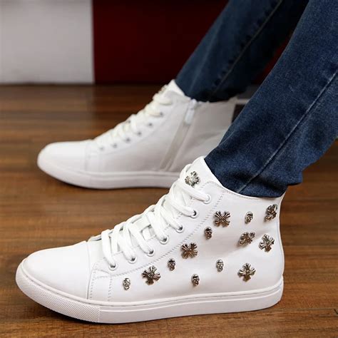 New 2016 Men Rivet High Top Sneakers Cool Guys White Hip Hop Shoes