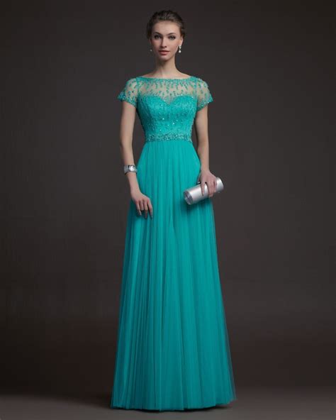 free shipping short sleeve teal tulle long elegant evening dress prom formal gown 2016 new