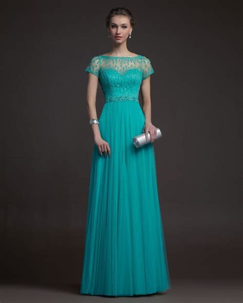 Free Shipping Short Sleeve Teal Tulle Long Elegant Evening Dress Prom Formal Gown 2016 New