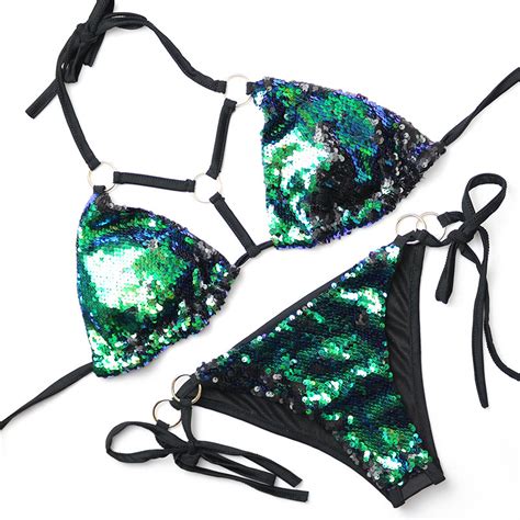 2020 Sexy Halter Bling Bling Bikini Shiny Glitter Sequin Swimsuit
