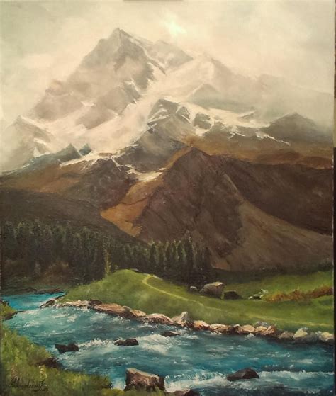 Landscape With Mountain Oil On Canvas Using Only Palette