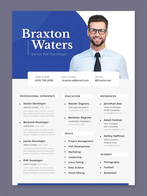 A Blue And White Resume With A Mans Face In The Center On It