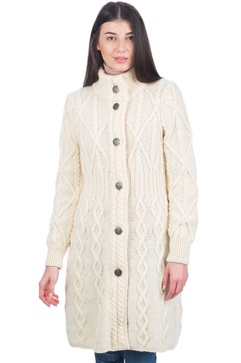 Saol 100 Merino Wool Irish Cardigan Womens Aran Long Outdoor Cable