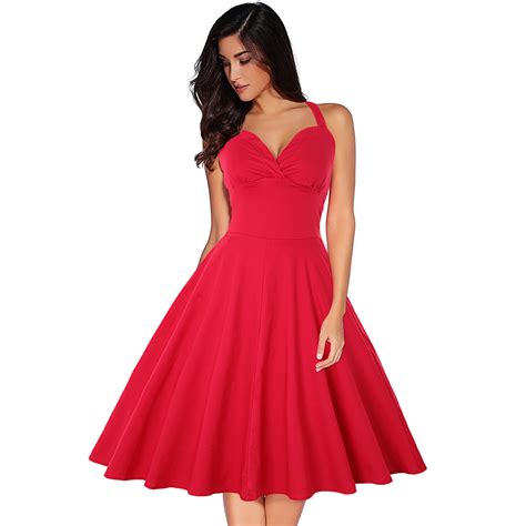 Red Vintage Party Dress Women Halter Neck Swing Summer Pin Up Dress