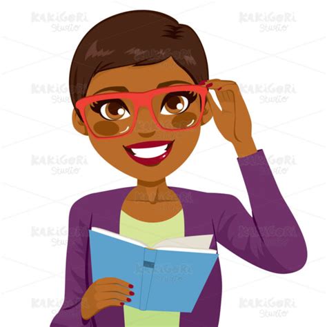 African American Girl Reading Book Clipart Vector Illustration 02056