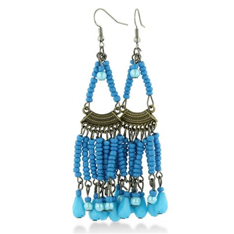 Chandelier Dangle Earrings With Turquoise Colored Beaded Strands