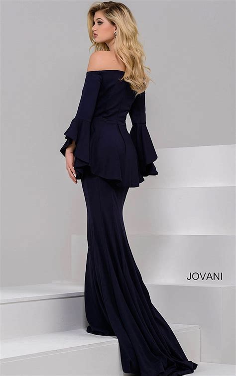 Jovani Navy Off The Shoulder Bell Sleeve Peplum Dress Dresses Glamorous Dresses