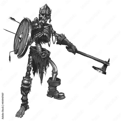 Skeleton Warrior With Ax And Shield Dead Warrior With Weapon Sketch