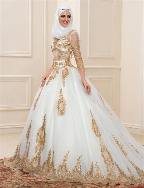 Buy Gold Lace Muslim Wedding Dresses With Sleeves 2016 See Through Ball Gown