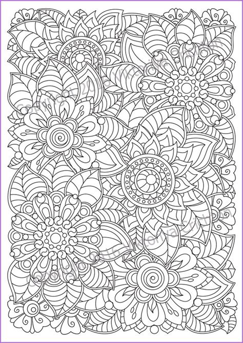 Flowers Zentangle Coloring Page For Adults Doodle Pdf Etsy