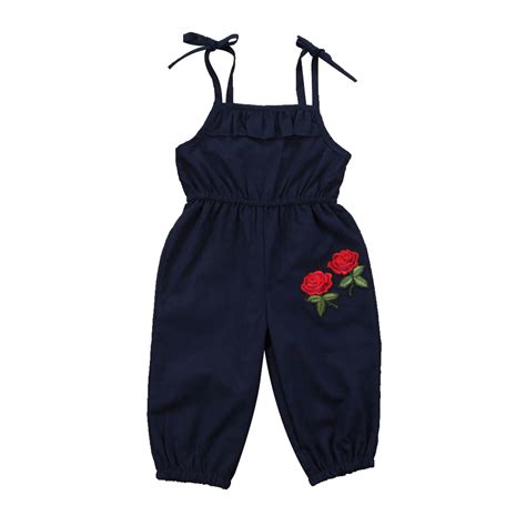 Strap Kids Baby Girls Embroideried Floral Rompers Sleeveless Blue