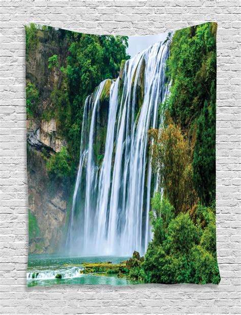 Waterfall Decor Tapestry Huge Waterfall Landscape Surrounded By Green