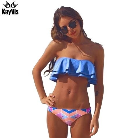 Kayvis Ruffle Bikinis Women Swimsuit Push Up Swimwear Women 2019 Sexy Bandeau Print Brazilian