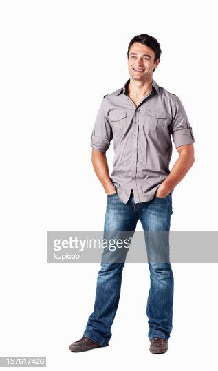 Full Length Of A Man Looking At Copyspace Over White High Res Stock