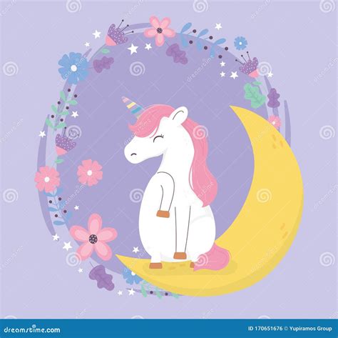 Unicorn Sitting On Moon With Flowers Fantasy Magic Cute Cartoon Stock