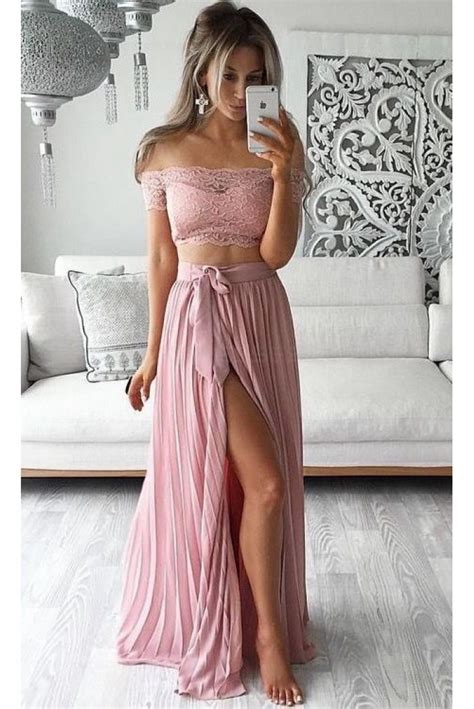 Two Piece Prom Dresses Lace Top Off The Shoulder Short Sleeves Thigh High Slit Sexy Evening