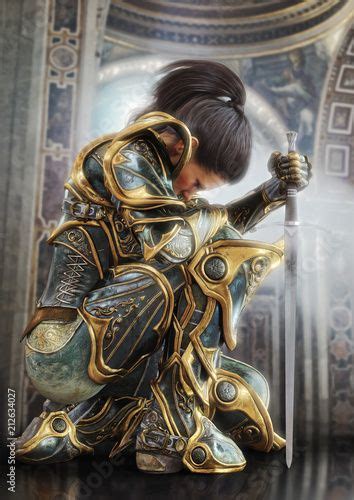 Female Warrior Knight Kneeling Proudly Wearing Decorative Ornamental