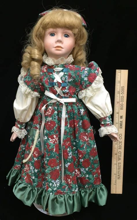 porcelain doll red rose green white dress blonde curls freckles 17 5 girl ebay dresses