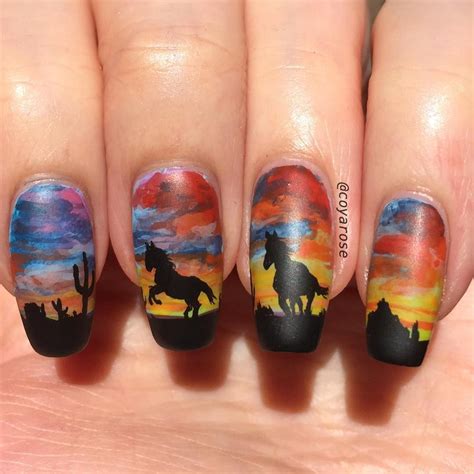 Southwestern Desert Sunset Horse Cowboy Western Nails Nail Art Horse