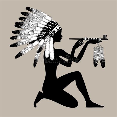 black silhouette of a naked girl in native american traditional headdress holding indian smoking