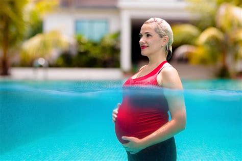 Pregnant Woman In Swimming Pool Healthy Pregnancy Stock Image Image
