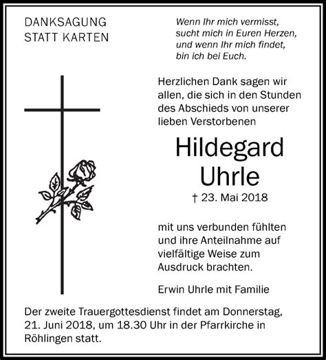 Traueranzeigen Von Hildegard Uhrle Schwaebische De Trauerportal My