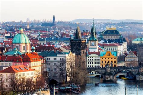 Prague Panorama City Skyline And Charles Bridge Prague Czech R Stock