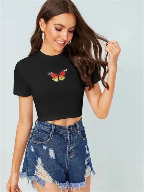 Butterfly Print Slim Fit Crop Tee In 2021 Fashion Womens Tops Crop Tops