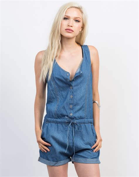 Sleeveless Chambray Romper Denim Tank Romper Drop Waist Romper