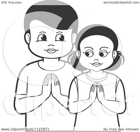 Clipart Of A Black And White Boy And Girl Praying Royalty Free Vector