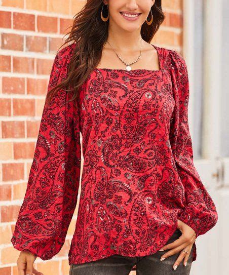 Suzanne Betro Weekend Red Black Paisley Square Neck Tunic Womens