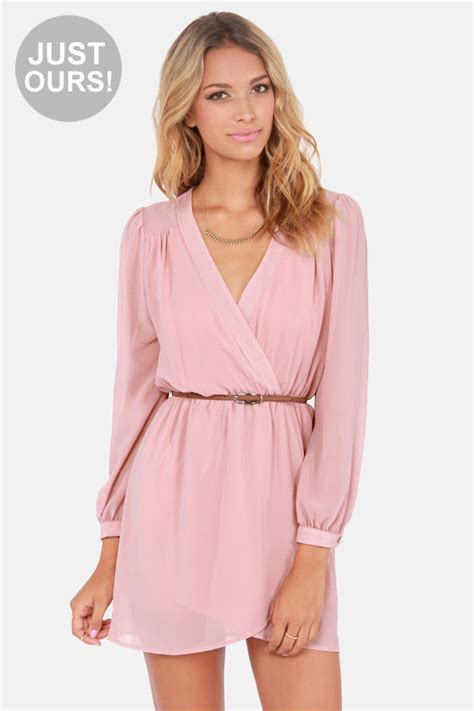 Stylish Blush Pink Dress Wrap Dress Long Sleeve Dress 4700