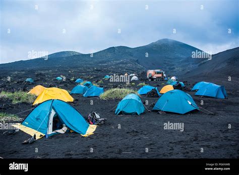 Tourist Campsite At The Tolbachik Volcano Kamchatka Russia Stock