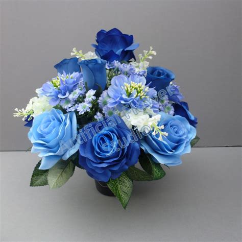 Pot For Memorial Vase With Artificial Blue Roses And