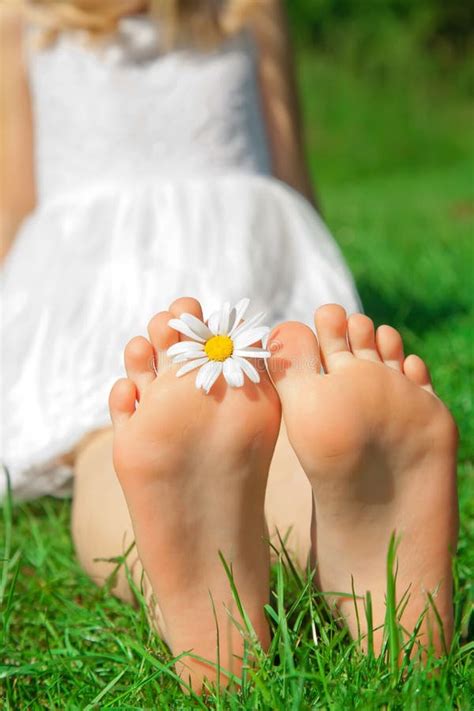 Child Feet With Daisy Flower On Green Grass In A Summer Park Stock