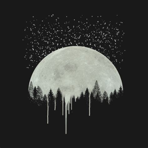 Full Moon Art Forest Trees Silhouette Dripping Paint Gray T Idea