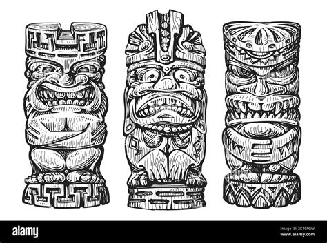 Hawaii Máscaras Tiki Dibujo Ídolo étnico Tradicional Hawaiano O Maorí Antiguo Vector Del Tótem