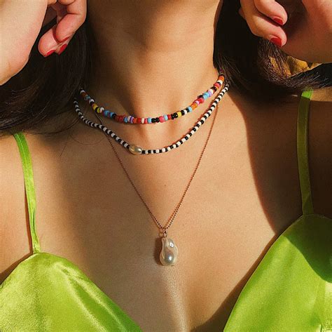 Bohemian Layered Pearl Pendant Beaded Chain Choker Necklace Etsy