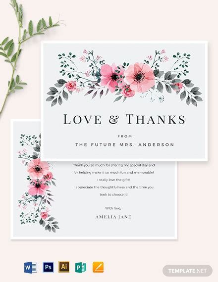Choose from a wide selection of designs or upload your own. Bridal Shower Thank You Card Template - Word | PSD | Apple Pages | Publisher | Illustrator ...