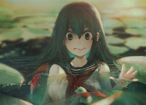 Long Hair Anime Girls Sailor Uniform Water Digital Art Anime Pond