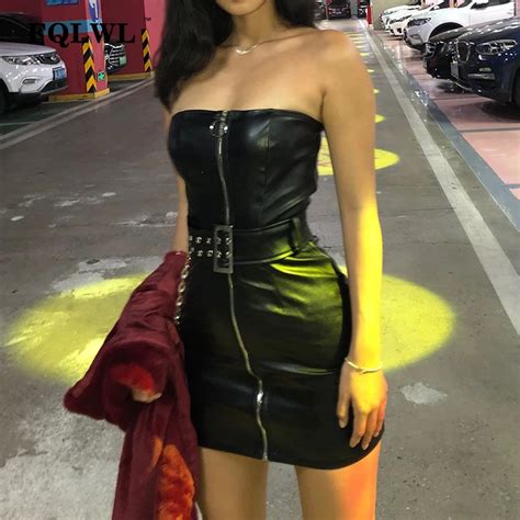 fqlwl off shoulder faux pu leather dress women strapless belt black sexy bodycon mini dress