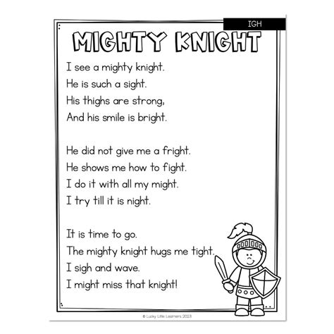 Lucky To Learn Phonics Vowel Teams Long I 1st Grade Phonics Poem Mighty Knight Lucky